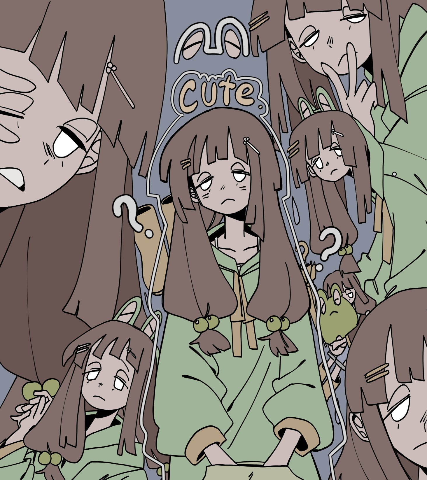 zombie high school, highres, 1girl, :<, ?, bell, blue background, blunt bangs, brown hair, closed mouth, expressionless, frown, green hoodie, hair ornament, hairclip, half-closed eyes, holding, hood, hood down, hoodie, kimjhonsha22, long hair, long sleeves, looking at viewer, multiple views, sidelocks, simple background, upper body, yu ru-mi