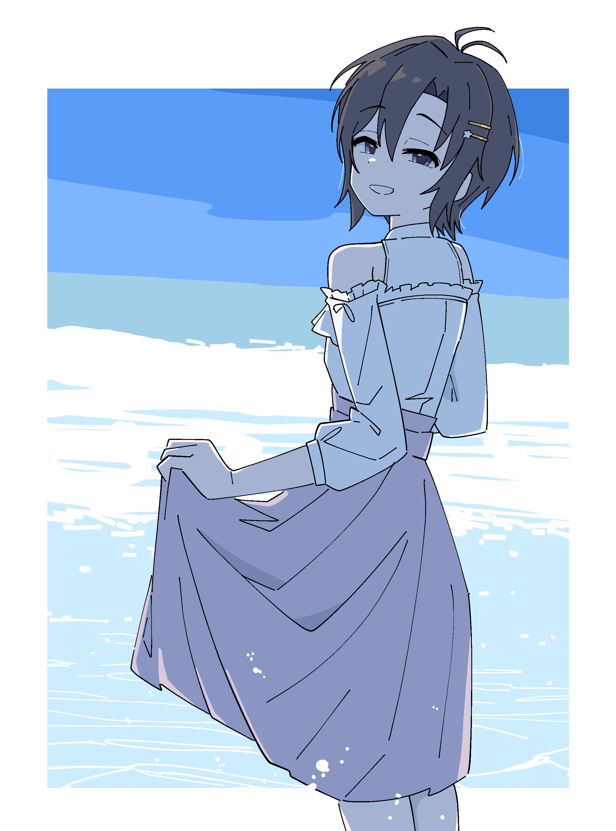 ohgi910, kikuchi makoto, idolmaster, idolmaster (classic), idolmaster million live!, idolmaster million live! theater days, absurdres, highres, 1girl, antenna hair, black eyes, black hair, border, from behind, grin, hair ornament, hairclip, kikuchi makoto (private dress), looking at viewer, official alternate costume, outside border, shirt, short hair, skirt, skirt hold, smile, solo, standing, three-quarter sleeves, white border
