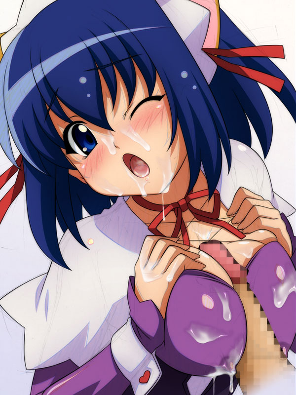 sugimura tomokazu, kokubunji koyori, nurse witch komugi-chan, unfinished, 00s, 1girl, ;o, blue eyes, blue hair, blush, breast suppress, breasts, censored, choker, cleavage, covered erect nipples, cum, cum in mouth, cum on body, cum on breasts, cum on clothes, cum on upper body, facial, hair ribbon, hairband, head tilt, heart, lactation, lactation through clothes, large breasts, long sleeves, maid, mosaic censoring, neck ribbon, one eye closed, open mouth, paizuri, penis, ribbon, saliva, short hair, solo focus, stain, tears, tongue, wink, wrist cuffs