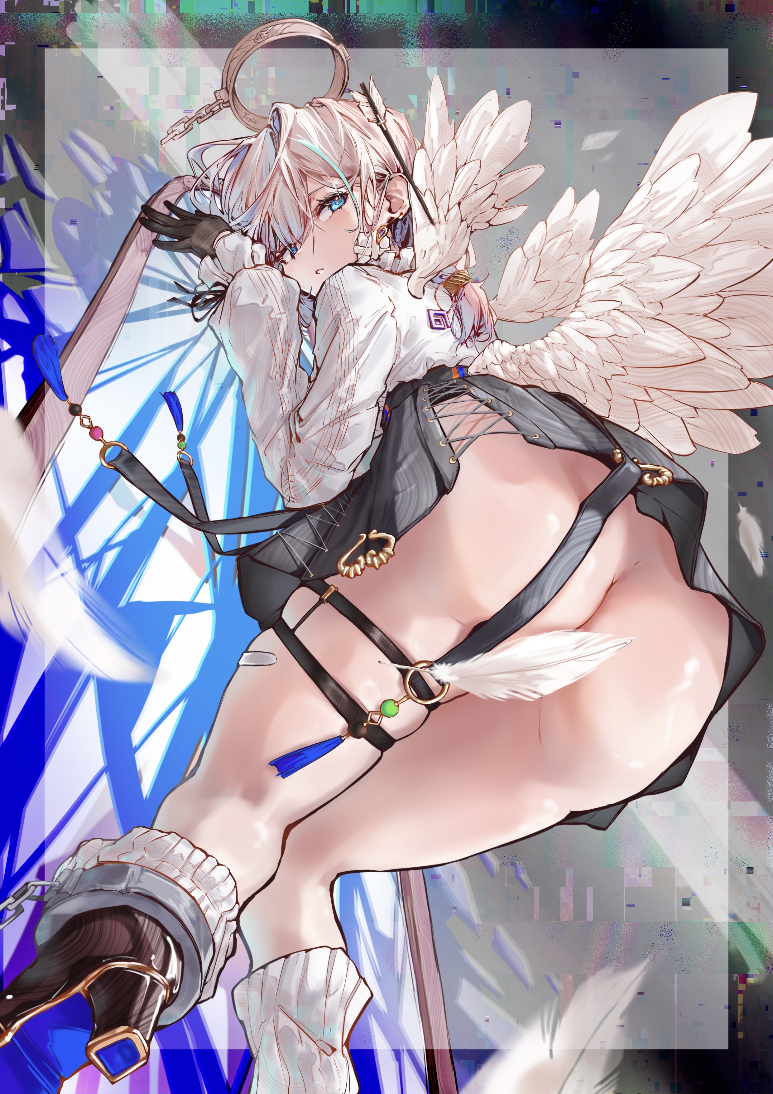 toqin (munm2577), arcaea, absurdres, highres, 1girl, angel wings, ass cutout, bandage on face, bandages, bandaid, bandaid on face, black gloves, black skirt, blue eyes, blue hair, breasts, cleft of venus, clothing cutout, compassion (arcaea), detached wings, from below, full body, glitch, gloves, grey hair, long sleeves, medium breasts, multicolored hair, pussy, shirt, short hair, skirt, socks, solo, streaked hair, thigh strap, white shirt, white socks, white wings, wings