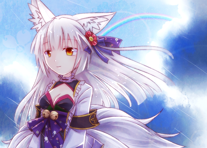 emil chronicle online, 1girl, animal ears, bell, black dress, breasts, cleavage, cloud, collar, dress, ecosuzu, flower, fox ears, fox girl, fox tail, frilled collar, frilled jacket, frills, hair flower, hair ornament, hair ribbon, jacket, long hair, medium breasts, multiple tails, purple ribbon, purple sash, rain, rainbow, ribbon, sash, solo, tail, tamamo lore, white hair, white jacket, white tail, yellow eyes