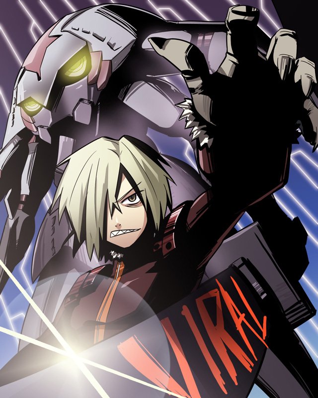 edobox, enki (ttgl), viral (ttgl), tengen toppa gurren lagann, 00s, 1boy, blonde hair, character name, enkidudu, hair over one eye, male focus, mecha, robot, sharp teeth, solo, sword, teeth, weapon