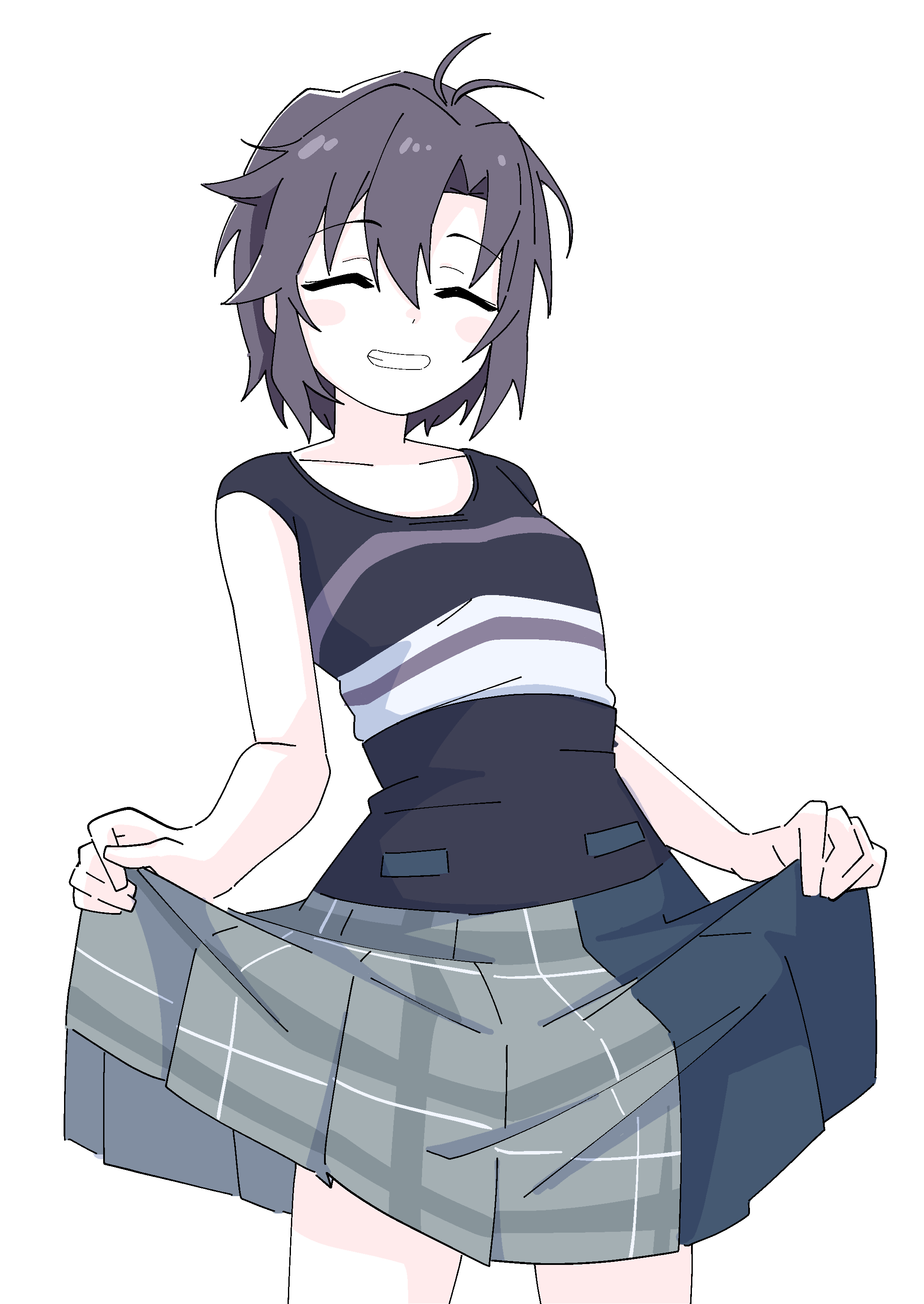 ohgi910, kikuchi makoto, idolmaster, idolmaster (classic), absurdres, highres, 1girl, ant, black hair, black shirt, blush stickers, bug, closed eyes, cowboy shot, grin, insect, shirt, short hair, simple background, skirt, skirt hold, sleeveless, sleeveless shirt, smile, solo, standing, white background