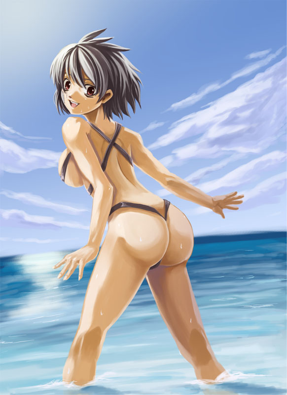 edobox, original, 1girl, ass, bikini, breasts, day, female focus, grey hair, large breasts, looking back, panties, red eyes, short hair, sideboob, solo, swimsuit, thong, thong bikini, underwear, wading, water, wet