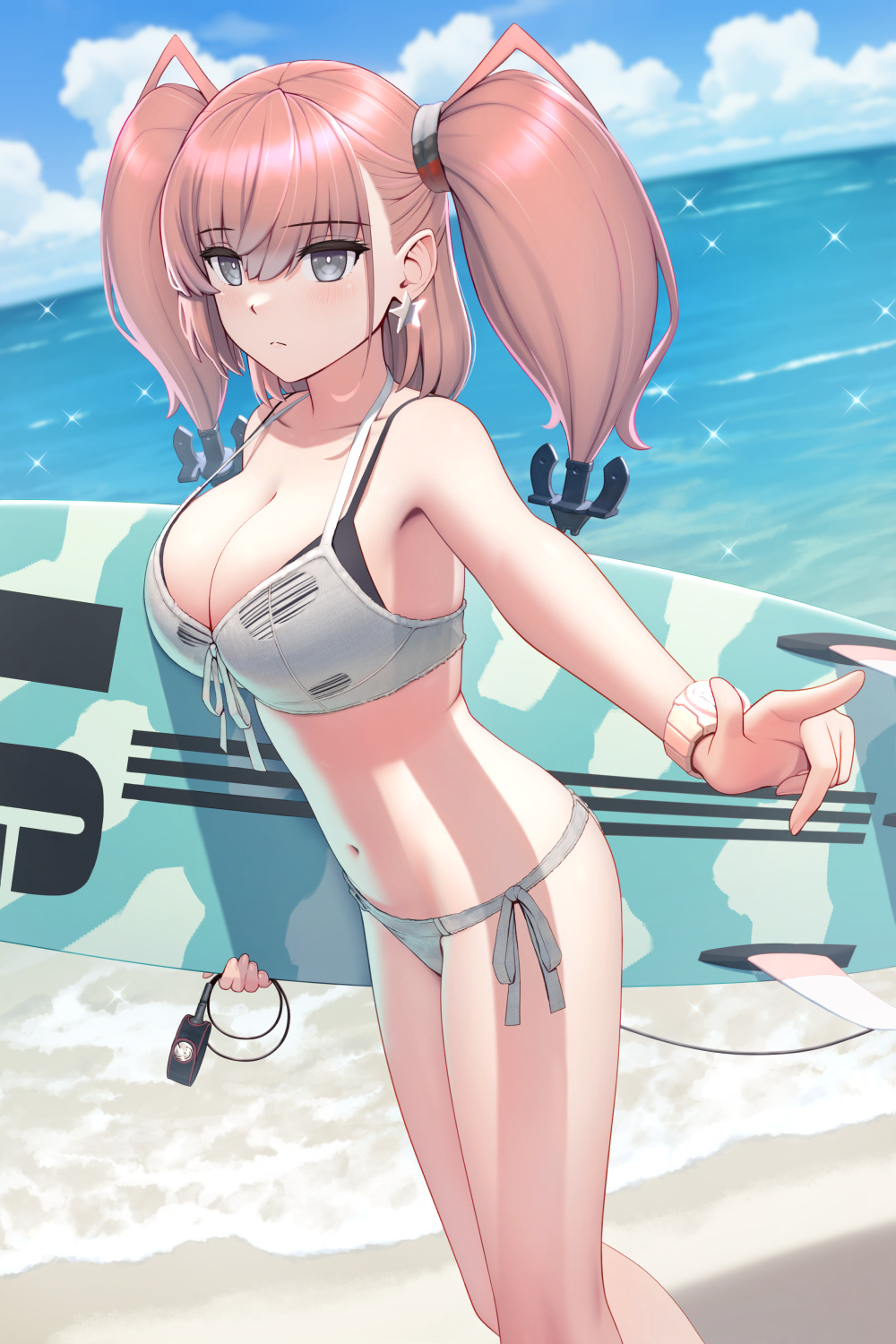 porupurucha, atlanta (kancolle), atlanta (swimsuit) (kancolle), kantai collection, highres, 1girl, anchor hair ornament, beach, bikini, blue sky, breasts, brown hair, cloud, day, earrings, grey bikini, grey eyes, hair ornament, holding, holding surfboard, jewelry, large breasts, layered bikini, navel, ocean, official alternate costume, outdoors, side-tie bikini bottom, sky, solo, standing, star (symbol), star earrings, surfboard, surfboard leash, swimsuit, two side up