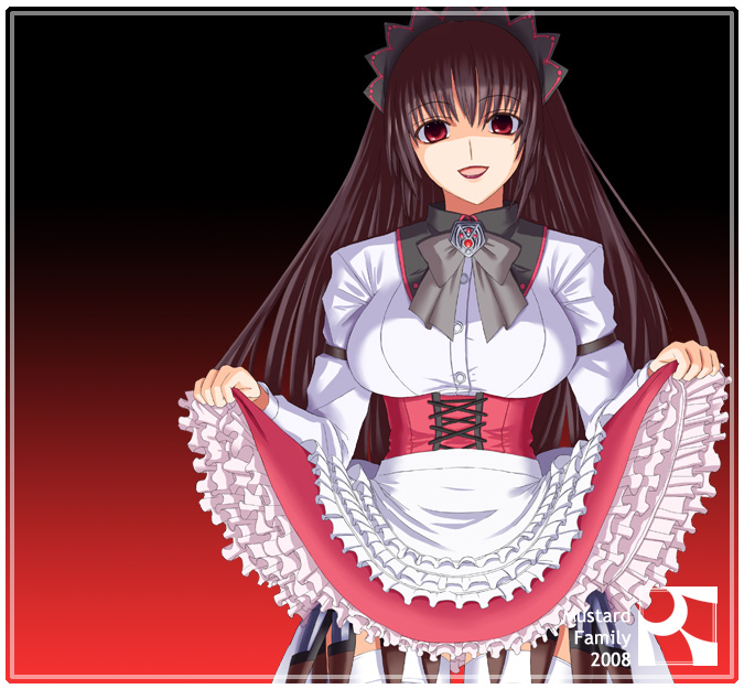 minazuki jiyun, 1girl, black hair, bow, breasts, clothes lift, corset, female focus, frills, gradient background, knife, large breasts, long hair, maid headdress, naughty face, red eyes, skirt, skirt lift, solo, thighhighs, very long hair, white thighhighs