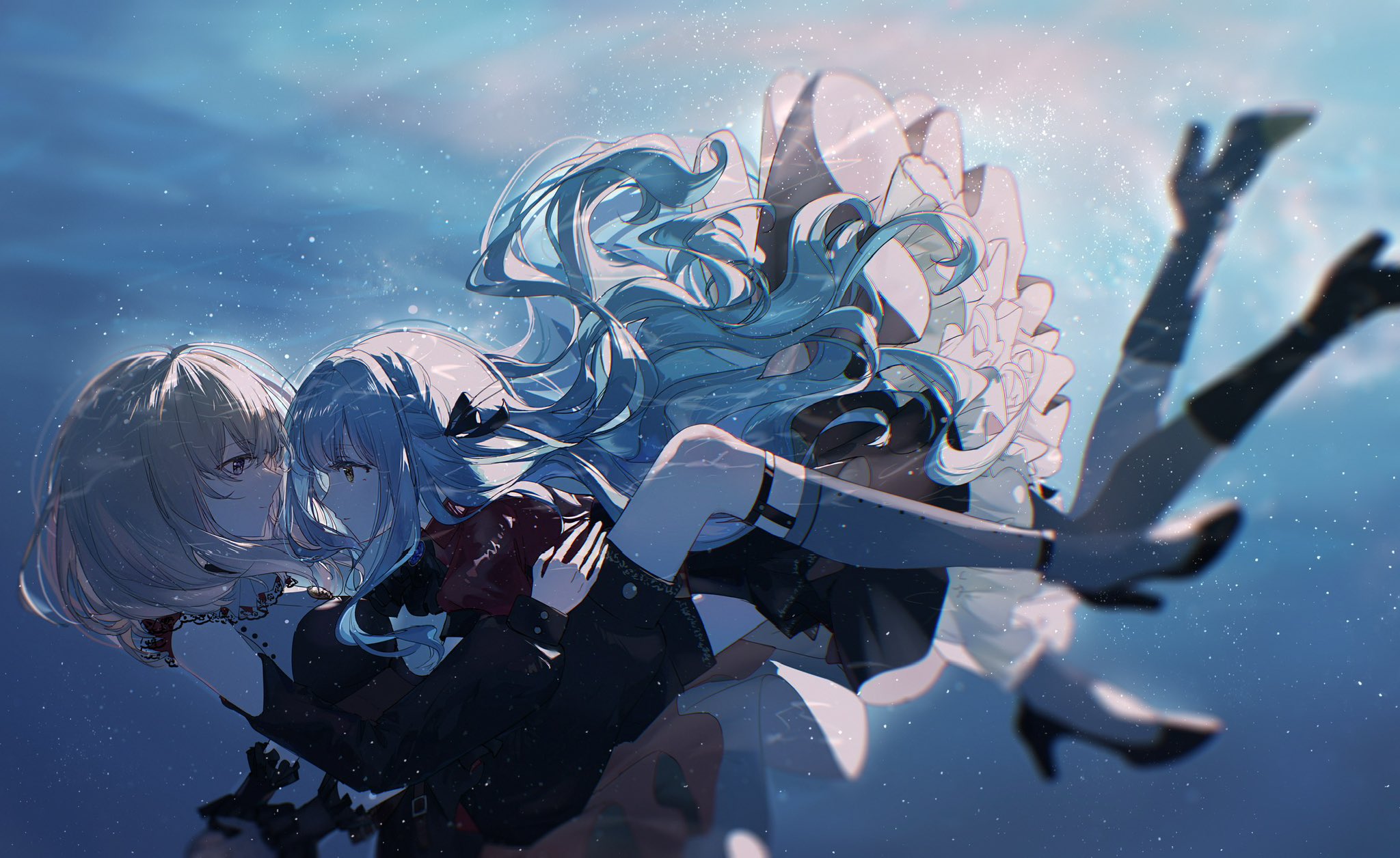 doloris (bang dream!), misumi uika, oblivionis (bang dream!), togawa sakiko, bang dream!, bang dream! it's mygo!!!!!, highres, 2girls, black ribbon, blonde hair, blue background, blue hair, chisei7141, closed mouth, detached sleeves, floating hair, hair ribbon, high heels, long sleeves, medium hair, multiple girls, purple eyes, ribbon, shirt, sidelocks, skirt, underwater, yellow eyes, yuri