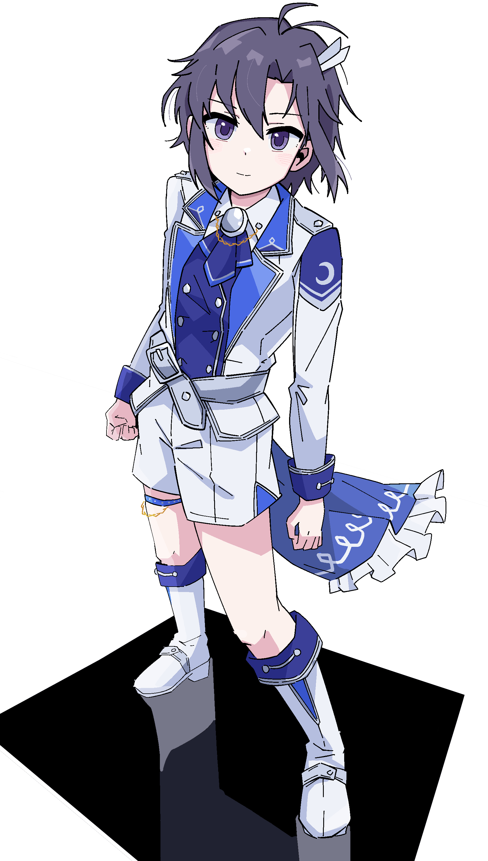 ohgi910, kikuchi makoto, idolmaster, idolmaster (classic), idolmaster million live!, idolmaster million live! theater days, absurdres, highres, 1girl, animal ears, ascot, belt, black hair, blue ascot, boots, closed mouth, full body, jacket, knee boots, long sleeves, looking at viewer, official alternate costume, purple eyes, short hair, shorts, simple background, solo, standing, white background, white belt, white boots, white jacket, white shorts