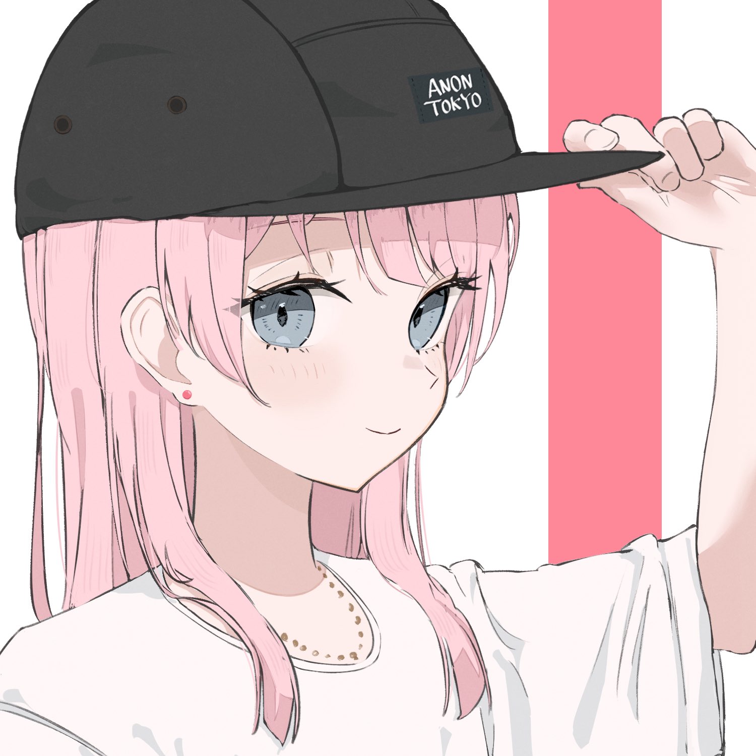 opuricheri, chihaya anon, bang dream!, bang dream! it's mygo!!!!!, commentary, highres, 1girl, adjusting clothes, adjusting headwear, anon tokyo (bang dream!), baseball cap, black hat, earrings, grey eyes, hat, jewelry, long hair, necklace, pink hair, shirt, solo, stud earrings, white background, white shirt