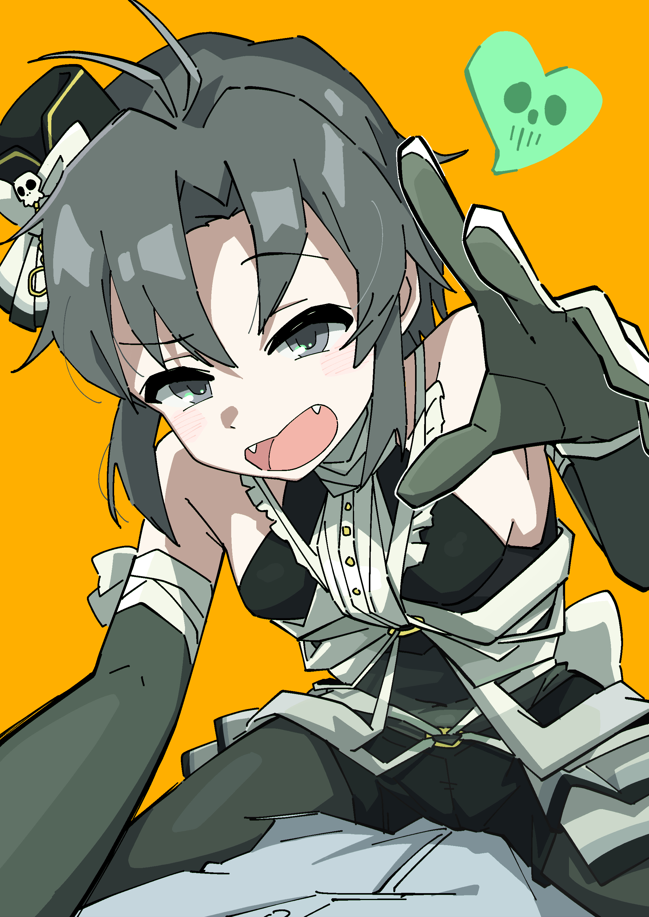 ohgi910, kikuchi makoto, idolmaster, idolmaster (classic), idolmaster million live!, idolmaster million live! theater days, absurdres, highres, 1boy, 1girl, antenna hair, black eyes, black gloves, black hair, black pantyhose, black shoes, breasts, elbow gloves, fangs, girl on top, gloves, hat, heart, looking at viewer, mini hat, monster! skeleton (idolmaster), official alternate costume, open mouth, orange background, pantyhose, pov, shoes, short hair, simple background, sitting, sleeveless, solo, solo focus