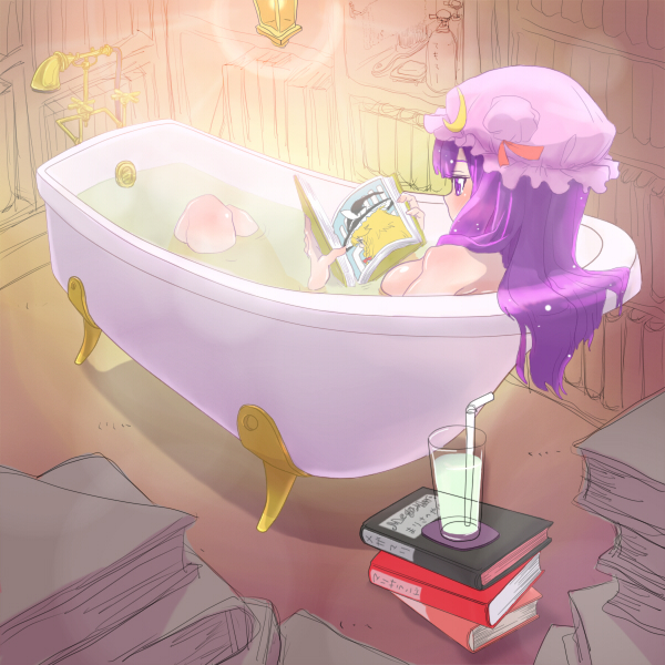 31107029, kirisame marisa, patchouli knowledge, touhou, bad id, bad pixiv id, 1girl, bath, bathtub, book, breasts, claw foot bathtub, completely nude, drink, female focus, hat, indoors, mob cap, nude, purple hair, solo