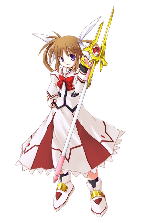 mizuno minato, raising heart, raising heart (buster mode), takamachi nanoha, takamachi nanoha (sacred mode), lyrical nanoha, mahou shoujo lyrical nanoha, mahou shoujo lyrical nanoha a's, 00s, 1girl, alternate color, blue eyes, bow, brown hair, female focus, fingerless gloves, gloves, magazine (weapon), magical girl, purple eyes, red bow, red hair, solo, takamachi nanoh, twintails