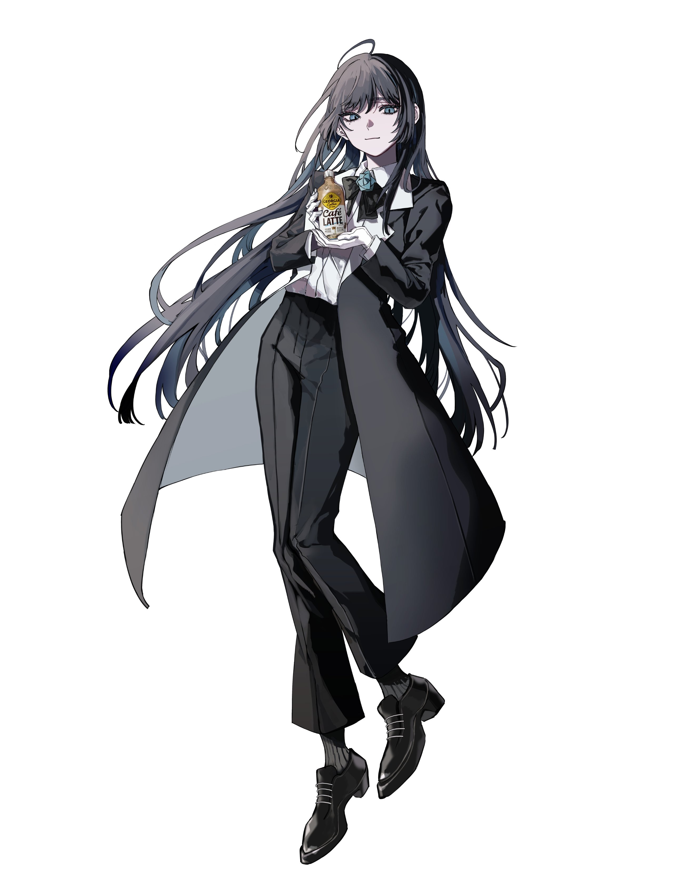 orihara (ewkkyorhr), chando (ado), ado (utaite), absurdres, commentary, highres, 1girl, ahoge, black coat, black hair, black pants, black shoes, black socks, blue eyes, bottle, coat, coffee, collared shirt, dress shirt, full body, georgia coffee, gloves, holding, holding bottle, mole, mole under eye, open clothes, open coat, pants, shirt, shoes, simple background, socks, solo, utaite, white background, white gloves, white shirt