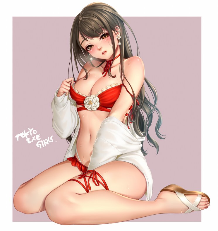 masami chie, tokyo exe girls, official art, 1girl, bare shoulders, blush, bra, breasts, brown eyes, brown hair, earrings, jewelry, large breasts, long hair, off shoulder, panties, red bra, red panties, simple background, sitting, solo, underwear