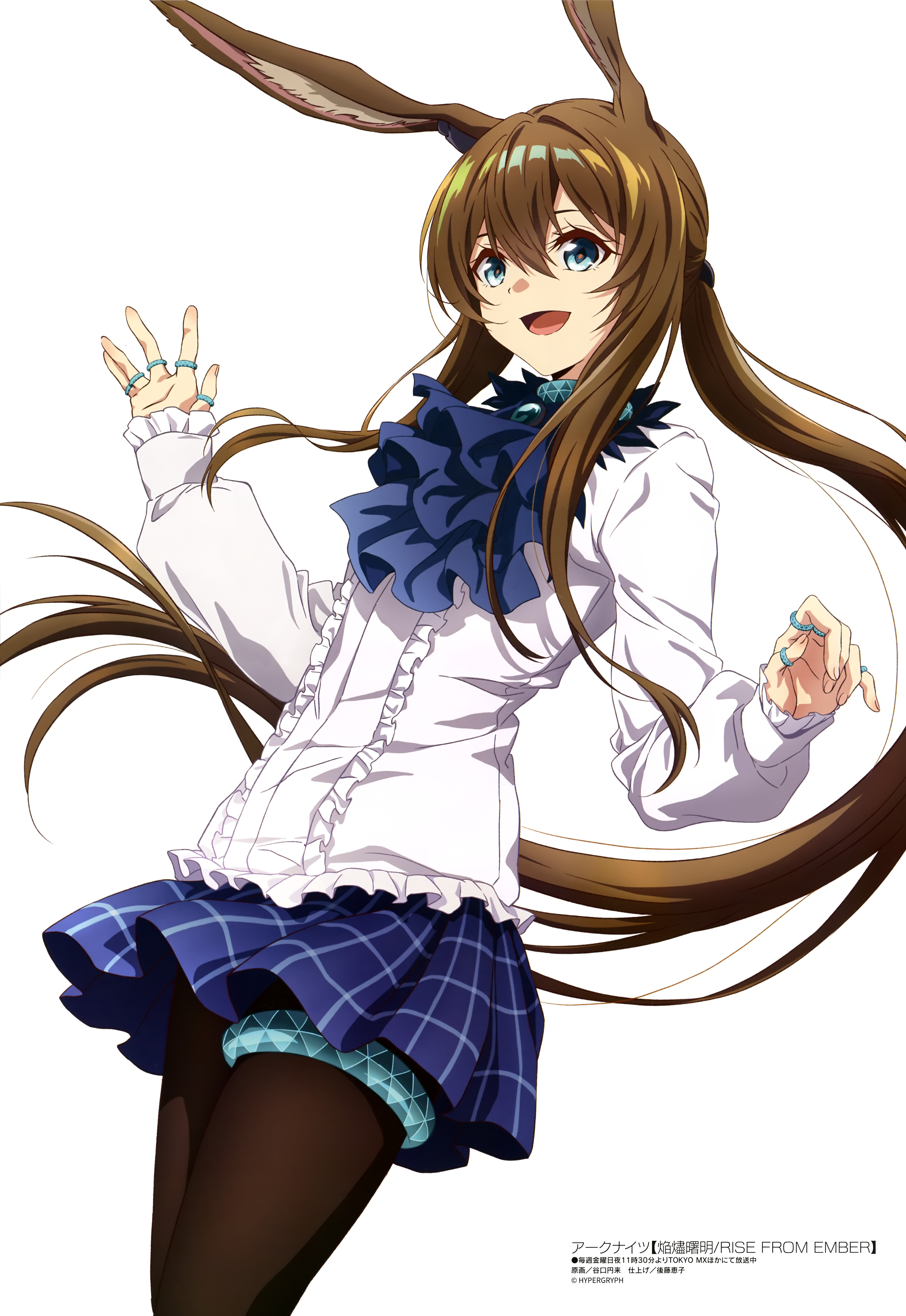 amiya (arknights), arknights, megami magazine, absurdres, artist request, highres, magazine scan, official art, scan, 1girl, animal ears, anime coloring, copyright name, copyright notice, looking at viewer, rabbit ears, simple background, solo, white background