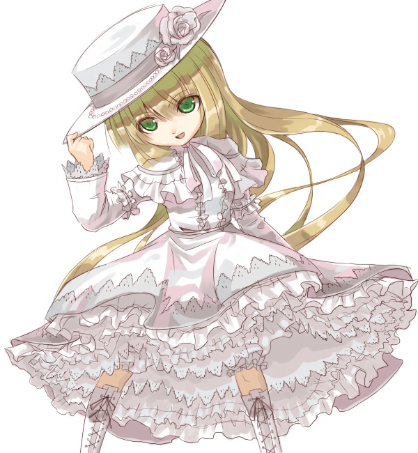 catanagi, victorica de blois, gosick, 1girl, blonde hair, blunt bangs, boots, dress, female focus, flower, frills, green eyes, hat, hat tip, knee boots, lace, lace-up boots, lingerie, lolita fashion, long hair, petticoat, porkpie hat, ribbon, rose, solo, sweet lolita, too many, underwear, very long hair, victorian