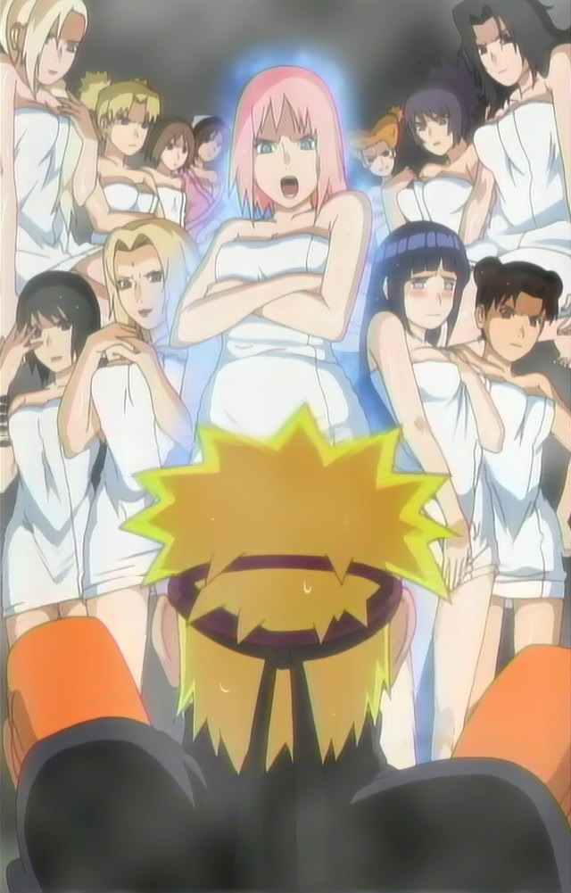 ayame (naruto), haruno sakura, hyuuga hinata, kazamatsuri moegi, matsuri (naruto), mitarashi anko, shizune (naruto), temari (naruto), tenten (naruto), tsunade (naruto), uzumaki naruto, yamanaka ino, yuuhi kurenai, naruto (classic), naruto (series), anime screenshot, annotated, stitched, third-party edit, 1boy, 6+girls, angry, aura, blonde hair, everyone, multiple girls, naked towel, towel
