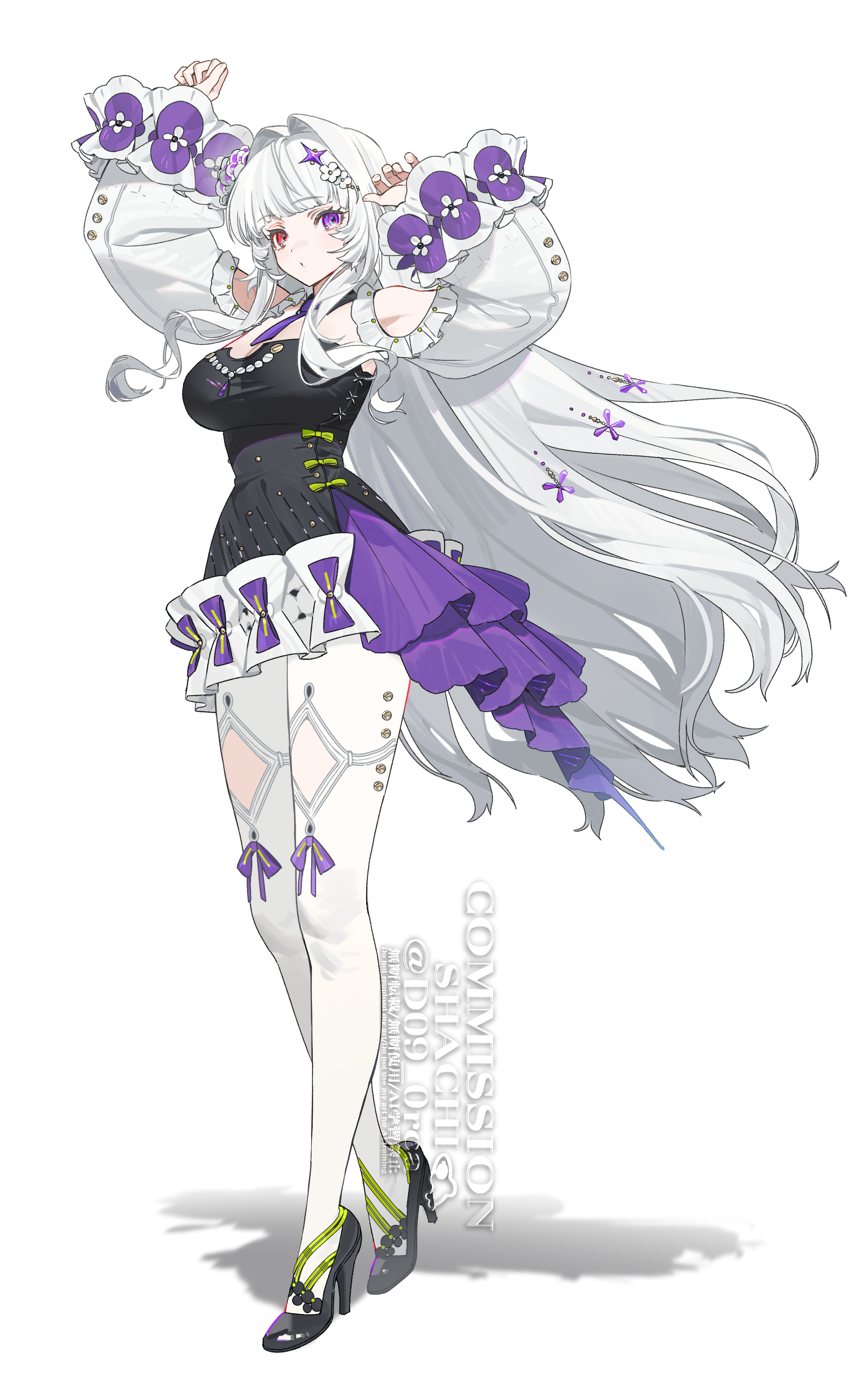 shachi (d09 0rca), original, absurdres, highres, 1girl, arms up, breasts, closed mouth, clothing cutout, detached sleeves, dress, flower, frills, full body, hair flower, hair intakes, hair ornament, high heels, large breasts, long hair, long sleeves, looking at viewer, pantyhose, purple eyes, purple flower, red eyes, shadow, simple background, skirt, solo, standing, thighhighs, very long hair, watermark, white background, white hair, white pantyhose, white sleeves, white thighhighs