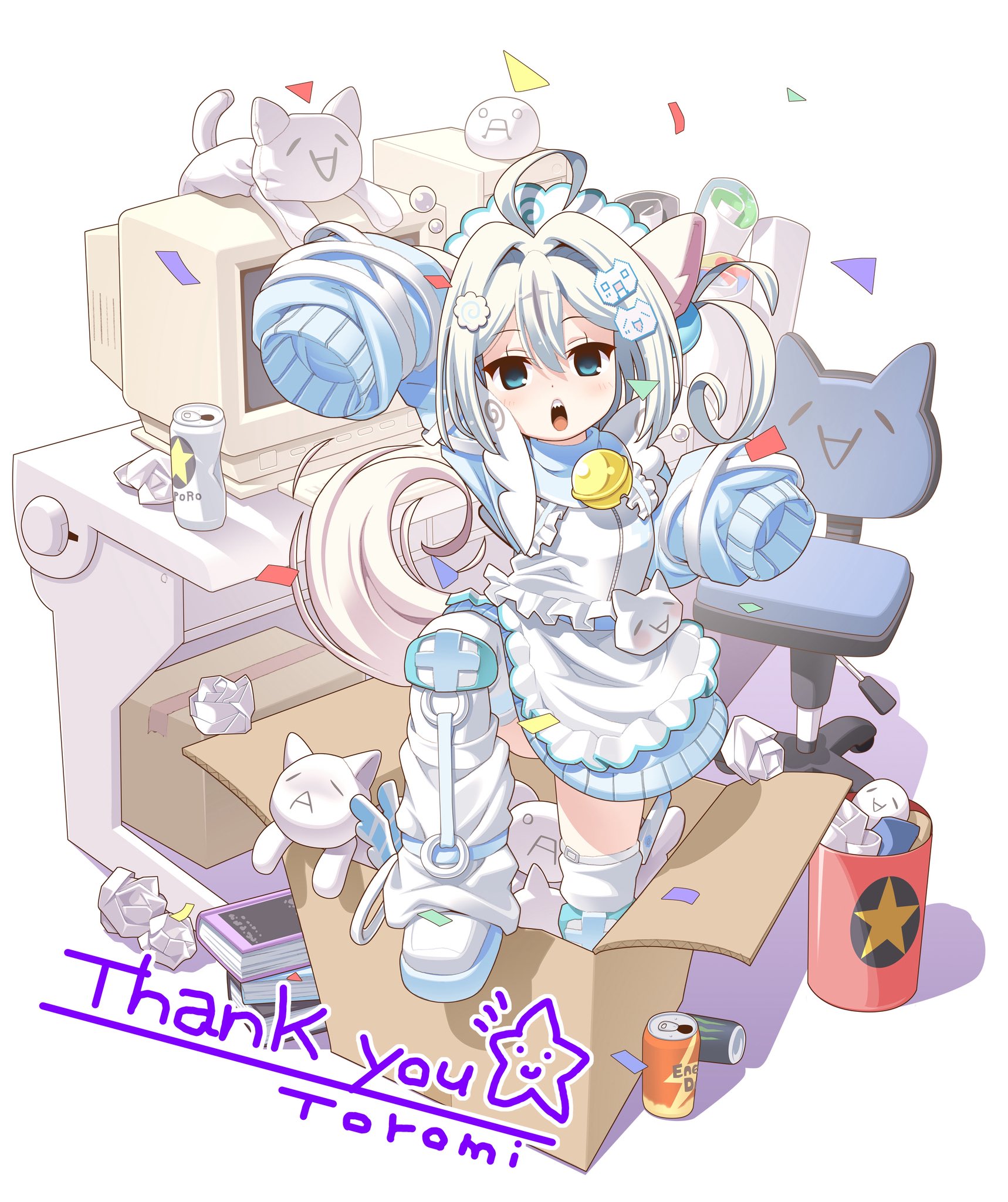 toromi (toromix2), mona (2ch), 2channel, indie virtual youtuber, character request, commentary request, commission, highres, skeb commission, 1girl, :o, ahoge, animal ears, apron, artist name, bell, blue eyes, blue jacket, blue shoes, box, cardboard box, crt, food-themed hair ornament, full body, giko neko, hair between eyes, hair bobbles, hair intakes, hair ornament, hands up, jacket, jersey maid, jingle bell, long sleeves, looking at viewer, loose socks, maid, maid headdress, medium hair, monitor, narutomaki hair ornament, neck bell, open mouth, sharp teeth, shoes, sleeves past fingers, sleeves past wrists, socks, solo, stuffed animal, stuffed cat, stuffed toy, tail, teeth, thank you, thighhighs, two side up, unconventional maid, virtual youtuber, white apron, white hair, white thighhighs