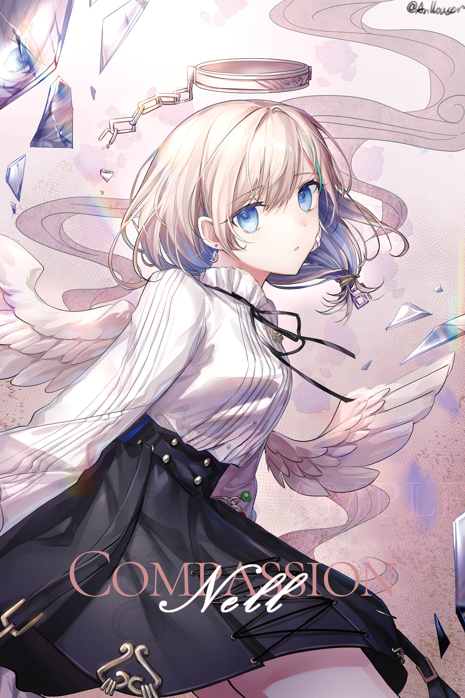 anllouser, arcaea, absurdres, highres, 1girl, :o, angel wings, bandage on face, bandages, bandaid, bandaid on face, belt, black belt, black gloves, black ribbon, black skirt, blue eyes, blue hair, breasts, compassion (arcaea), cross, detached wings, earrings, frilled shirt, frills, gloves, grey hair, jewelry, long sleeves, medium breasts, multicolored hair, ribbon, shirt, short hair, skirt, solo, streaked hair, thigh strap, thighhighs, white shirt, white wings, wings, zettai ryouiki