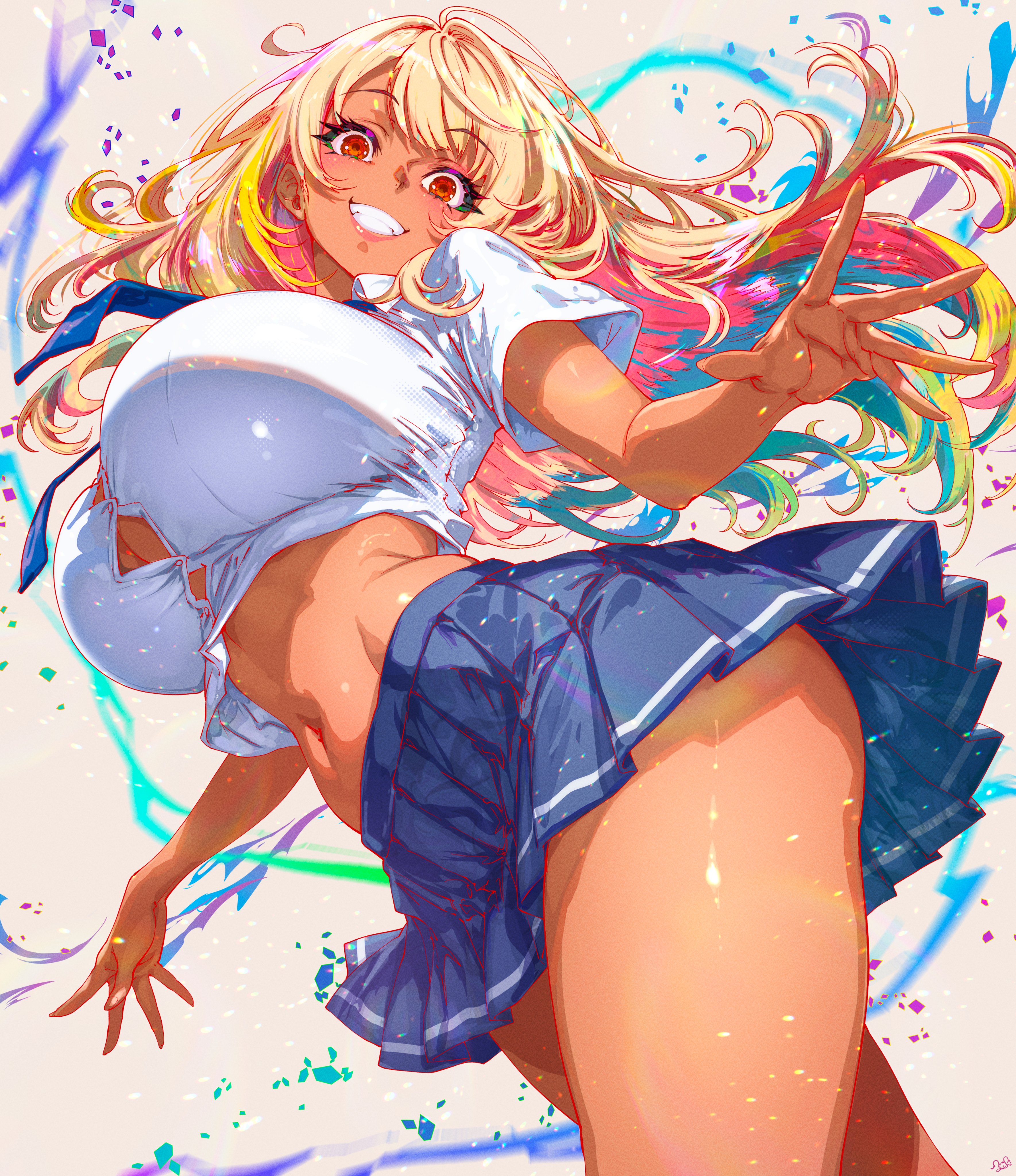 momoyama tits, original, absurdres, commentary request, highres, 1girl, blonde hair, blue hair, blue skirt, bouncing breasts, breasts, brown background, bursting breasts, crop top, curvy, dark-skinned female, dark skin, green hair, grin, huge breasts, large breasts, long hair, looking at viewer, multicolored hair, navel, pleated skirt, red eyes, red hair, shirt, short sleeves, skirt, smile, solo, standing, thick thighs, thighs, white shirt