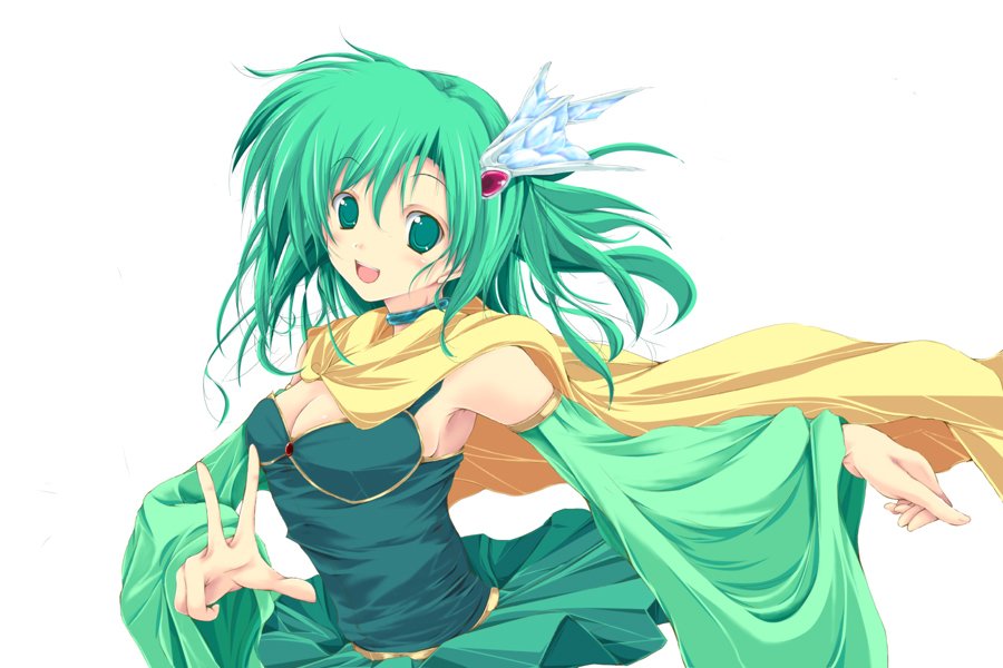 kuon itsuki, rydia (adult) (ff4), rydia (ff4), final fantasy, final fantasy iv, bad id, bad pixiv id, 1990s (style), 1girl, breasts, cleavage, female focus, green eyes, green hair, matching hair/eyes, retro artstyle, simple background, solo