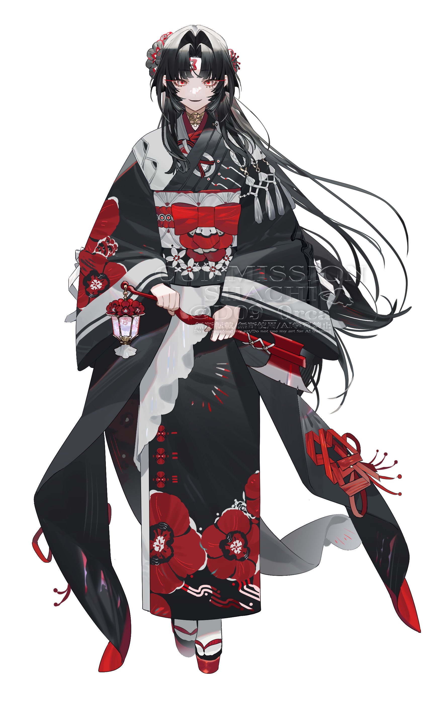 shachi (d09 0rca), original, absurdres, highres, 1girl, black hair, black kimono, closed mouth, facial mark, floral print, flower, full body, hair flower, hair ornament, hand fan, holding, holding fan, japanese clothes, kimono, lantern, long hair, long sleeves, looking at viewer, obi, parted bangs, print kimono, red eyes, sandals, sash, simple background, socks, standing, tabi, very long hair, white background, wide sleeves