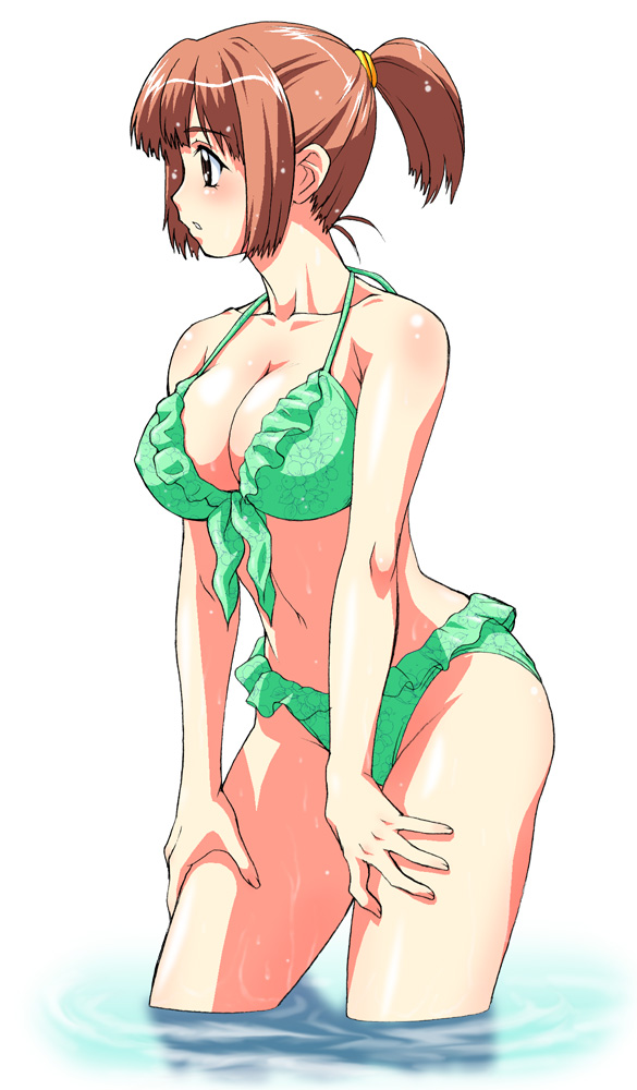 kouda tomohiro, original, hands on thighs, looking away, 1girl, bikini, breasts, brown eyes, brown hair, cleavage, female focus, frilled bikini, frills, front-tie bikini top, front-tie top, green bikini, highleg, highleg bikini, navel, ponytail, profile, short ponytail, simple background, solo, standing, swimsuit, thighs, wading, water, wet, white background