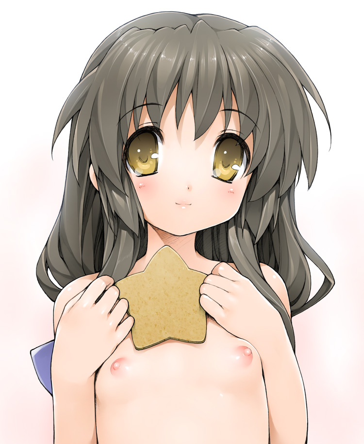 hitode, ishikei, ibuki fuuko, clannad, 00s, 1girl, black hair, blush, breasts, brown eyes, female focus, flat chest, loli, nipples, nude, petite, puffy nipples, simple background, solo, starfish, upper body, white background, yellow eyes