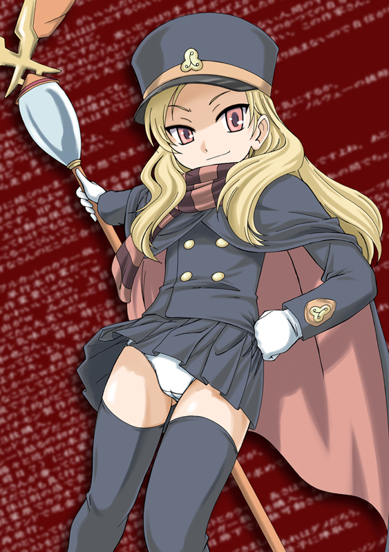 wan'yan aguda, chiaki (shigofumi), matoma, original, shigofumi, uniform, 00s, 1girl, blonde hair, cape, female focus, gloves, hat, long hair, miniskirt, panties, scarf, shako cap, skirt, solo, staff, striped clothes, striped scarf, thighhighs, underwear, zettai ryouiki
