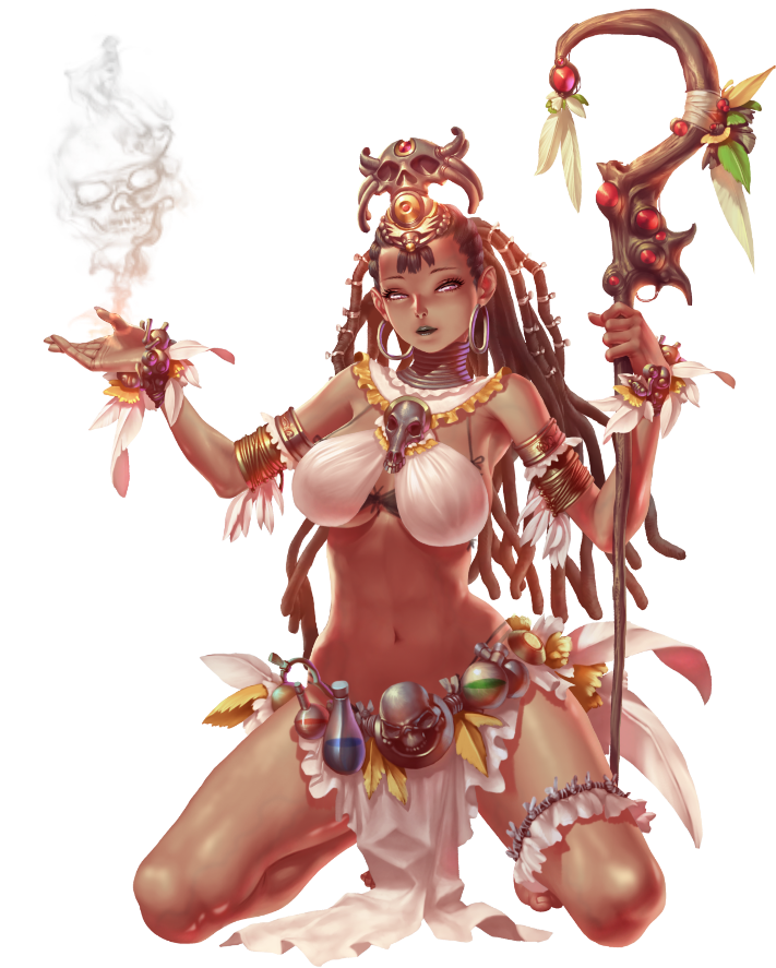 crystal maiden (series), artist request, game cg, official art, variant set, 1girl, alisha (crystal maidens), bare arms, bare legs, black bra, black lips, bra, bracelet, breasts, brown eyes, brown hair, collar, dark skin, earrings, full body, holding, holding staff, jewelry, kneeling, long hair, navel, open hand, potion, skull, smoke, solo, staff, transparent background, underwear