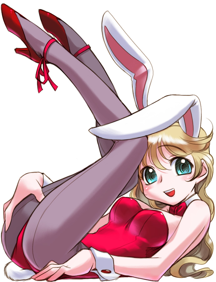 nakamura tetsuya, 1girl, animal ears, ass, blonde hair, breasts, detached collar, fake animal ears, female focus, full body, grabbing own ass, leotard, pantyhose, playboy bunny, rabbit ears, rabbit tail, simple background, single ear down, solo, tail, white background