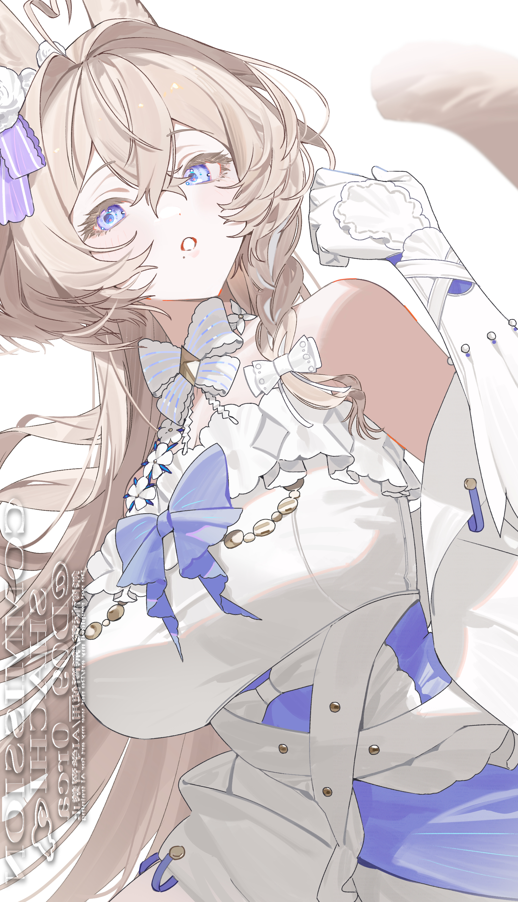 shachi (d09 0rca), original, absurdres, highres, 1girl, animal ears, bare shoulders, blue eyes, bow, bowtie, braid, breasts, brown hair, cat ears, cat tail, dress, gloves, hair between eyes, large breasts, long hair, looking at viewer, open mouth, simple background, solo, striped bow, tail, upper body, white background, white bow, white dress, white gloves