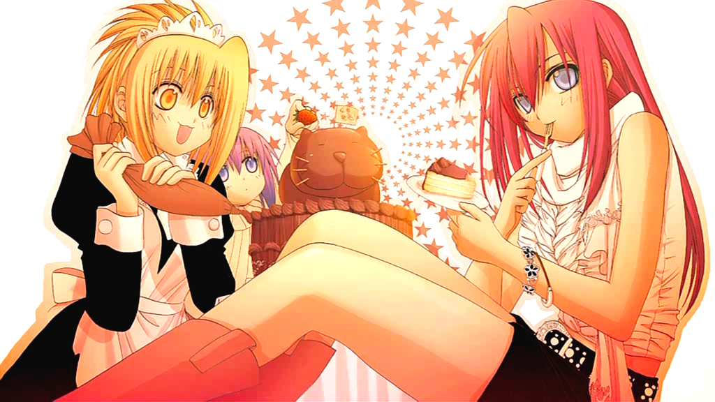 igarashi aguri, chiba kirino, kawazoe tamaki, kuwahara sayako, bamboo blade, 00s, 3girls, :3, :d, blonde hair, bracelet, cake, food, fork, fruit, jewelry, long hair, maid, multiple girls, open mouth, pastry bag, plate, purple eyes, red hair, smile, star (symbol), strawberry, yellow eyes