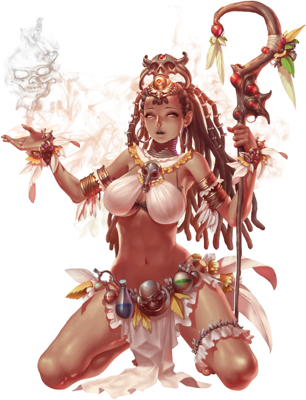 crystal maiden (series), artist request, bad source, game cg, highres, official art, third-party source, variant set, 1girl, alisha (crystal maidens), bare arms, bare legs, black bra, black lips, bra, bracelet, breasts, brown eyes, brown hair, collar, dark skin, earrings, full body, holding, holding staff, jewelry, kneeling, long hair, navel, open hand, potion, skull, smoke, solo, staff, transparent background, underwear