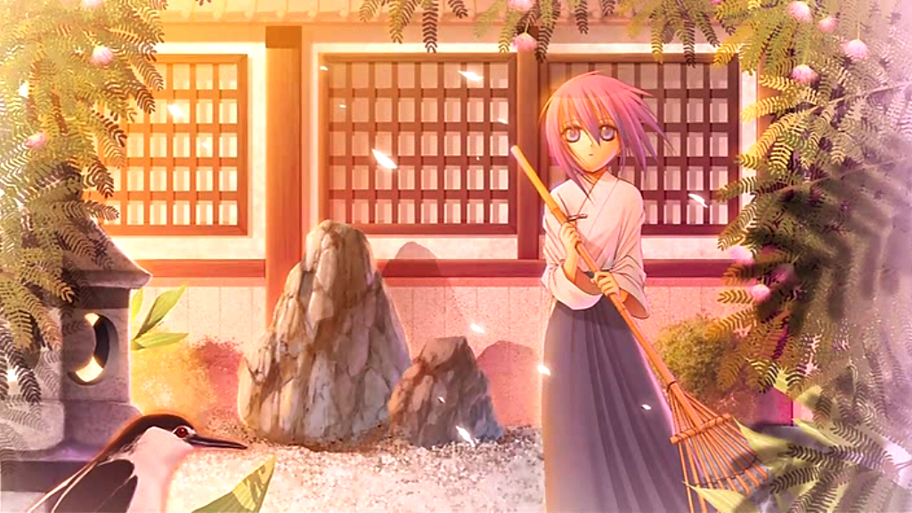 igarashi aguri, kawazoe tamaki, bamboo blade, 00s, 1girl, animal, architecture, bamboo broom, bird, blue eyes, broom, east asian architecture, female focus, flower, garden, hakama, hakama skirt, holding, holding broom, japanese clothes, leaf, outdoors, petals, purple eyes, purple hair, rock, shade, shadow, short hair, skirt, solo, standing, stone lantern, tree, wind, window