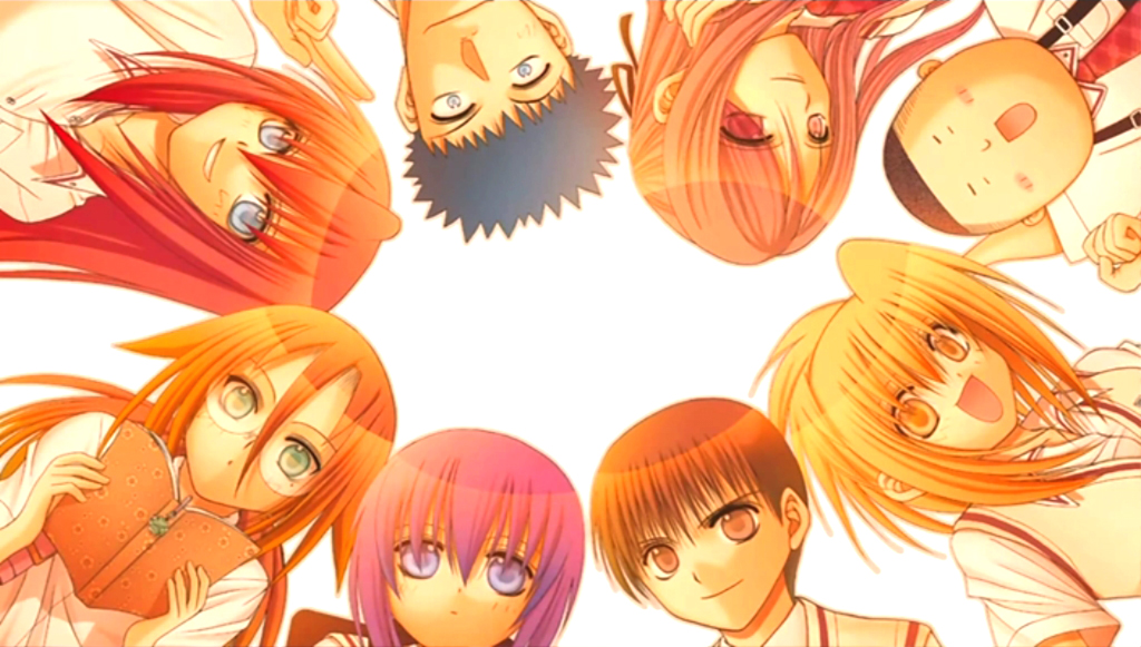igarashi aguri, azuma satori, chiba kirino, danjuuro eiga, eiga danjuurou, ishida toraji, kawazoe tamaki, kuwahara sayako, miyazaki miyako, nakata yuuji, bamboo blade, 00s, 3boys, 5girls, blonde hair, blue eyes, blush, book, brown hair, expressionless, finger gun, glasses, green eyes, looking at viewer, multiple boys, multiple girls, orange hair, purple hair, red eyes, school uniform, shirt, simple background, smile, spiked hair, upside-down, yellow eyes
