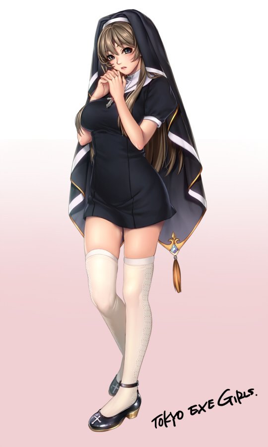 masami chie, original, tokyo exe girls, official art, 1girl, black dress, breasts, brown hair, cross, dress, full body, large breasts, lips, long hair, long legs, nun, puffy short sleeves, puffy sleeves, short sleeves, solo, thighhighs, white thighhighs
