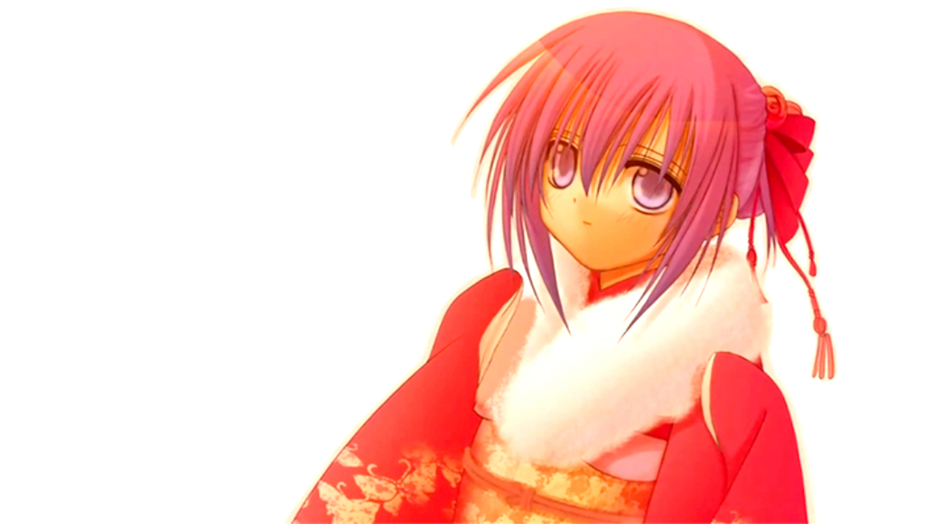 igarashi aguri, kawazoe tamaki, bamboo blade, 00s, 1girl, female focus, fur trim, hair ornament, hairpin, japanese clothes, kimono, looking at viewer, pink eyes, pink hair, simple background, solo, tassel, upper body, white background