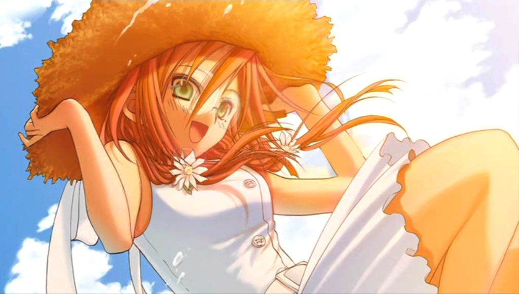 igarashi aguri, azuma satori, bamboo blade, 00s, dress, glasses, hat, solo, straw hat, sundress