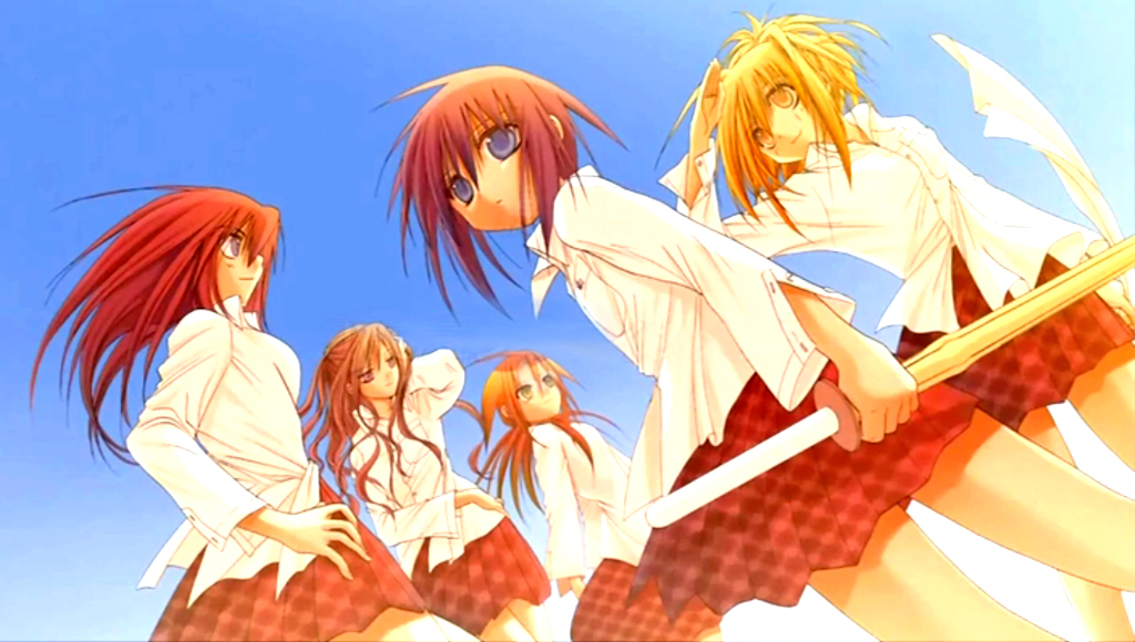 igarashi aguri, azuma satori, chiba kirino, kawazoe tamaki, kuwahara sayako, miyazaki miyako, bamboo blade, looking away, 00s, 5girls, arm behind head, arm up, blonde hair, bokken, day, dutch angle, floating hair, hand on own hip, long hair, looking afar, multiple girls, orange hair, plaid clothes, plaid skirt, red hair, school uniform, shirt, short hair, skirt, sky, sword, unmoving pattern, very long hair, weapon, wind, wooden sword