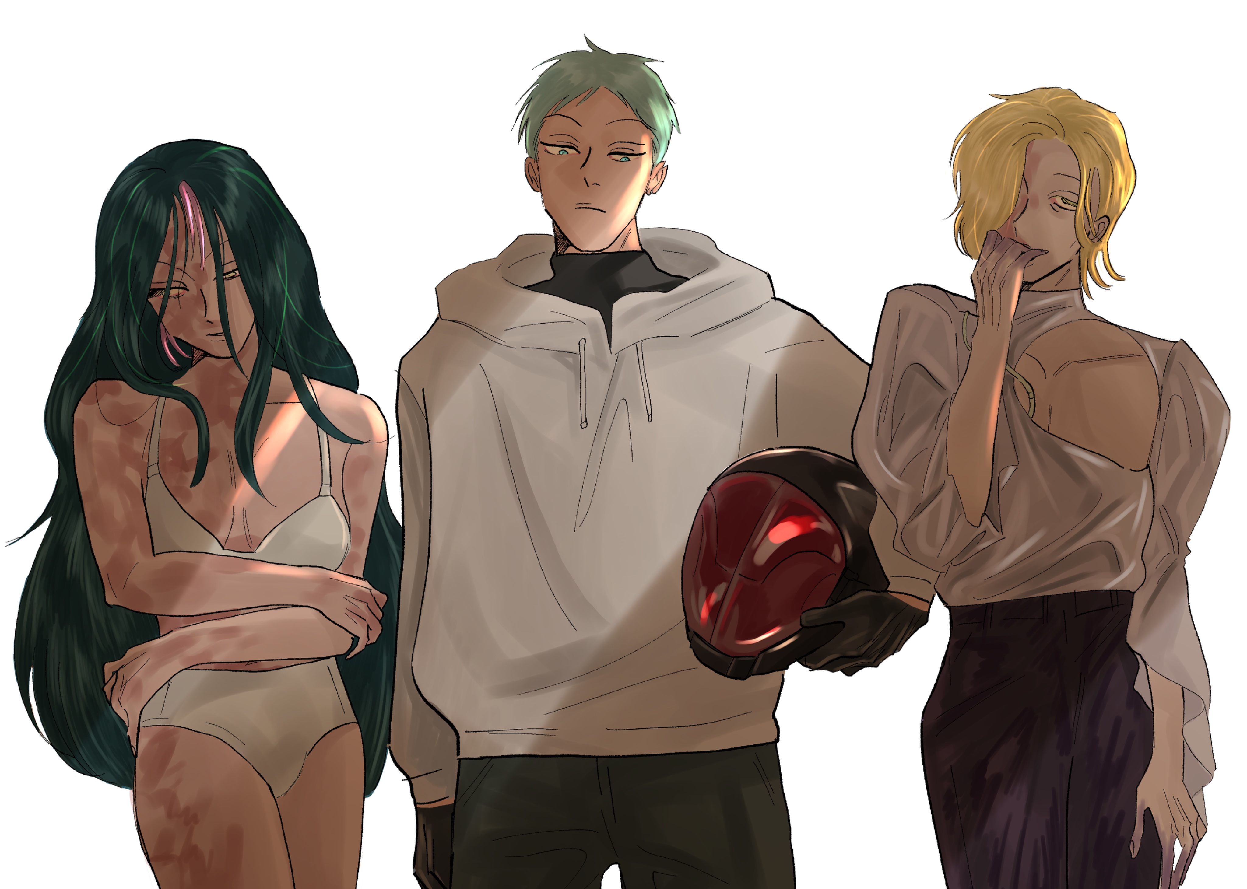luka (alien stage), mizi (alien stage), till (alien stage), alien stage, absurdres, commentary request, highres, 1girl, 2boys, black gloves, black hair, black pants, black shirt, blonde hair, bra, burn scar, clothing cutout, colored extremities, gloves, green eyes, grey hair, hair over one eye, helmet, holding, holding unworn helmet, hood, hoodie, long hair, long sleeves, mawahamchan, motorcycle helmet, multiple boys, panties, pants, pink hair, scar, scar on arm, scar on face, scar on leg, scar on shoulder, shirt, short hair, turtleneck, turtleneck shirt, underwear, underwear only, unworn headwear, unworn helmet, very long hair, white bra, white hoodie, white panties, white shirt