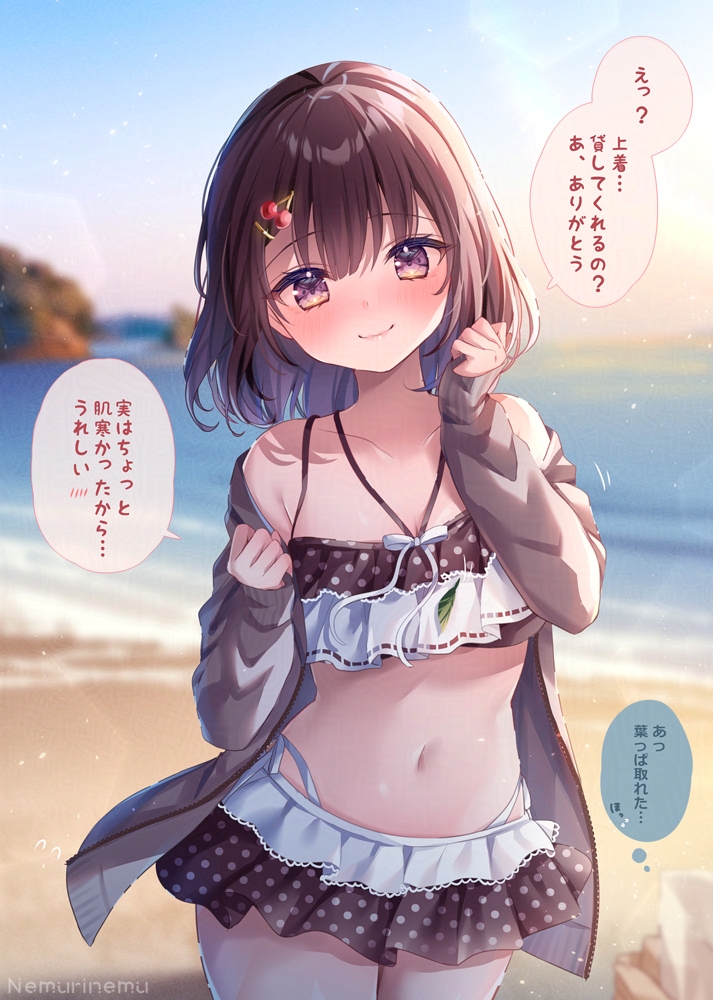 nemuri nemu, original, 1girl, 1other, bare shoulders, beach, bikini, black bikini, black hair, blue sky, blush, breasts, closed mouth, collarbone, hair ornament, jacket, leaf, long sleeves, looking at viewer, medium hair, navel, ocean, open clothes, open jacket, outdoors, polka dot, polka dot bikini, purple eyes, sky, smile, solo focus, speech bubble, stomach, sunset, swimsuit, water, white bikini