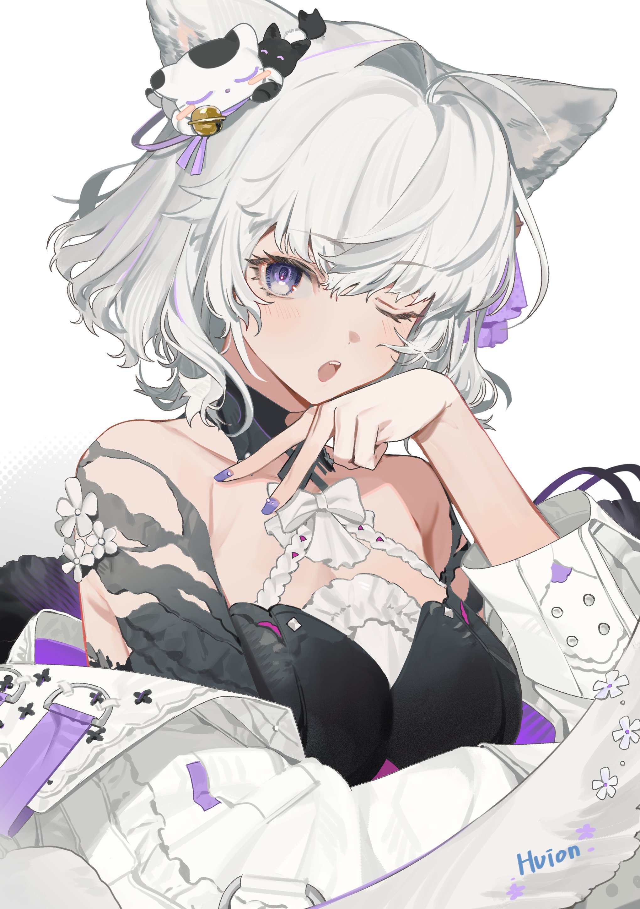 shachi (d09 0rca), original, absurdres, highres, 1girl, animal ears, bare shoulders, bell, breasts, cat ears, dress, english text, fang, hair ornament, hand up, jacket, long sleeves, looking at viewer, nail polish, off shoulder, one eye closed, open mouth, purple eyes, purple nails, ribbon, short hair, simple background, solo, tattoo, upper body, white background, white hair, white jacket