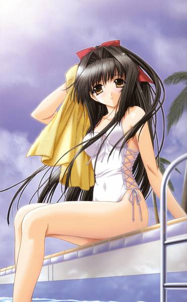 bikini, brown eyes, brown hair, long hair, swimsuit