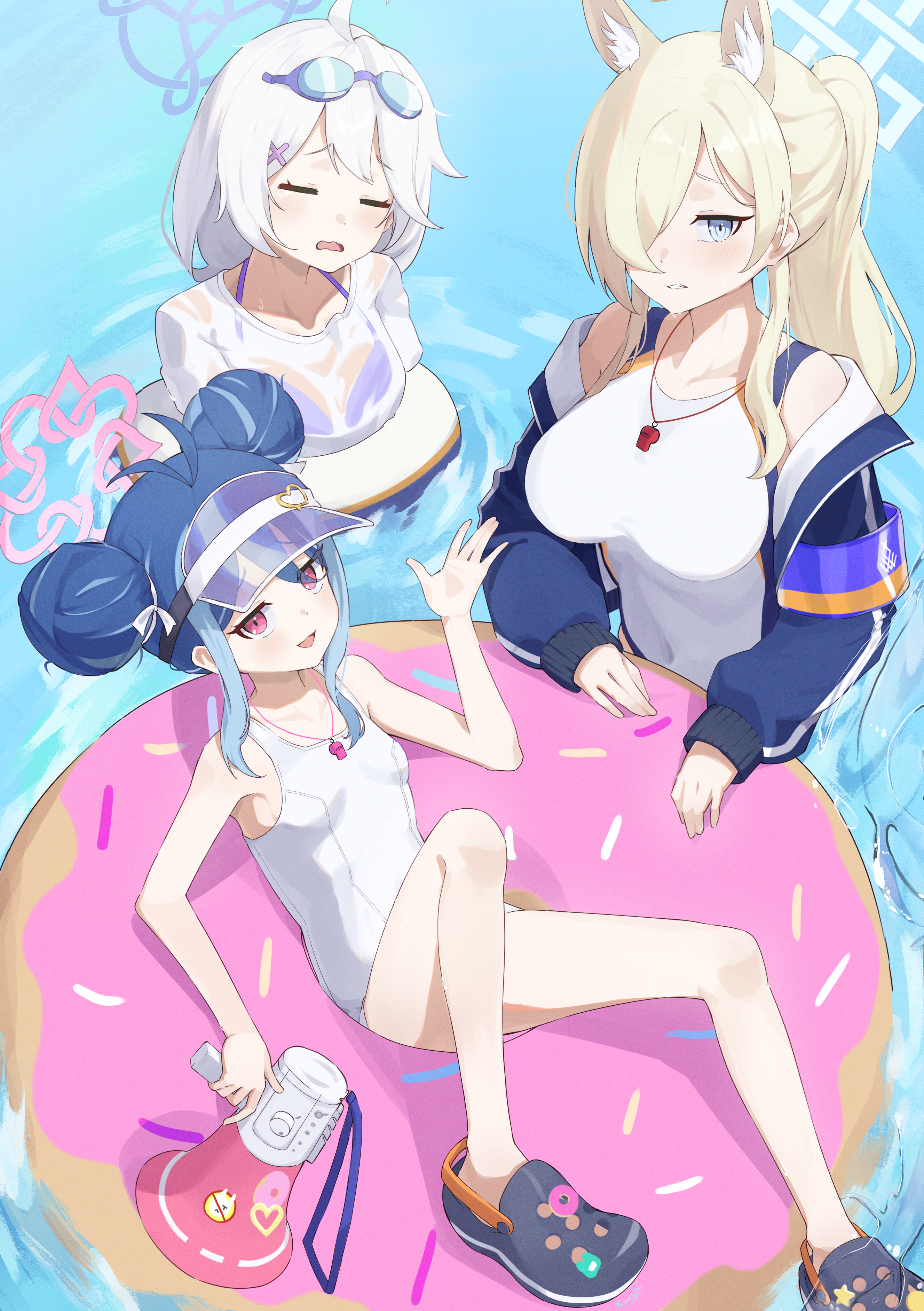 kuaspa, fubuki (blue archive), fubuki (swimsuit) (blue archive), kanna (blue archive), kanna (swimsuit) (blue archive), kirino (blue archive), kirino (swimsuit) (blue archive), blue archive, absurdres, commentary, highres, 3girls, ahoge, animal ears, bikini, blonde hair, blue hair, breasts, closed eyes, crocs, double bun, eyewear on head, hair bun, hair over one eye, halo, hand up, holding, holding megaphone, large breasts, looking at viewer, megaphone, multiple girls, official alternate costume, on innertube, one-piece swimsuit, one eye covered, open mouth, partially submerged, pink halo, ponytail, purple bikini, red eyes, shirt, small breasts, smile, swimsuit, visor cap, wet, wet clothes, wet shirt, whistle, whistle around neck, white one-piece swimsuit, white shirt