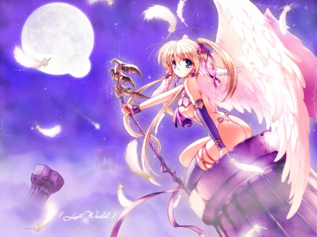 ishida hiroyuki, 1girl, angel, angel wings, arm support, ass, back, blonde hair, blue eyes, blush, breasts, cloud, detached sleeves, feathers, female focus, hair ribbon, large breasts, long hair, looking back, moon, outdoors, panties, ribbon, shooting star, sideboob, single thighhigh, sitting, sky, smile, solo, staff, thighhighs, thong, twintails, underwear, wings