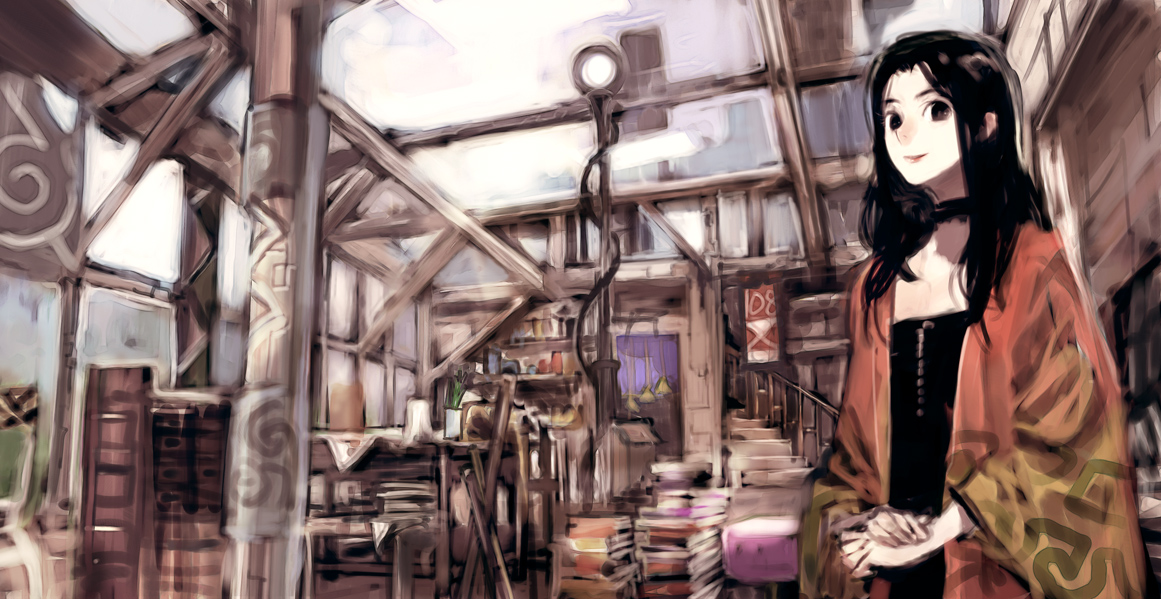 humi, toi8, original, 1girl, black eyes, black hair, book, book stack, chest of drawers, choker, female focus, grey theme, indoors, lamp, long hair, looking at viewer, messy room, plant, potted plant, room, roomscape, smile, solo, stairs, window