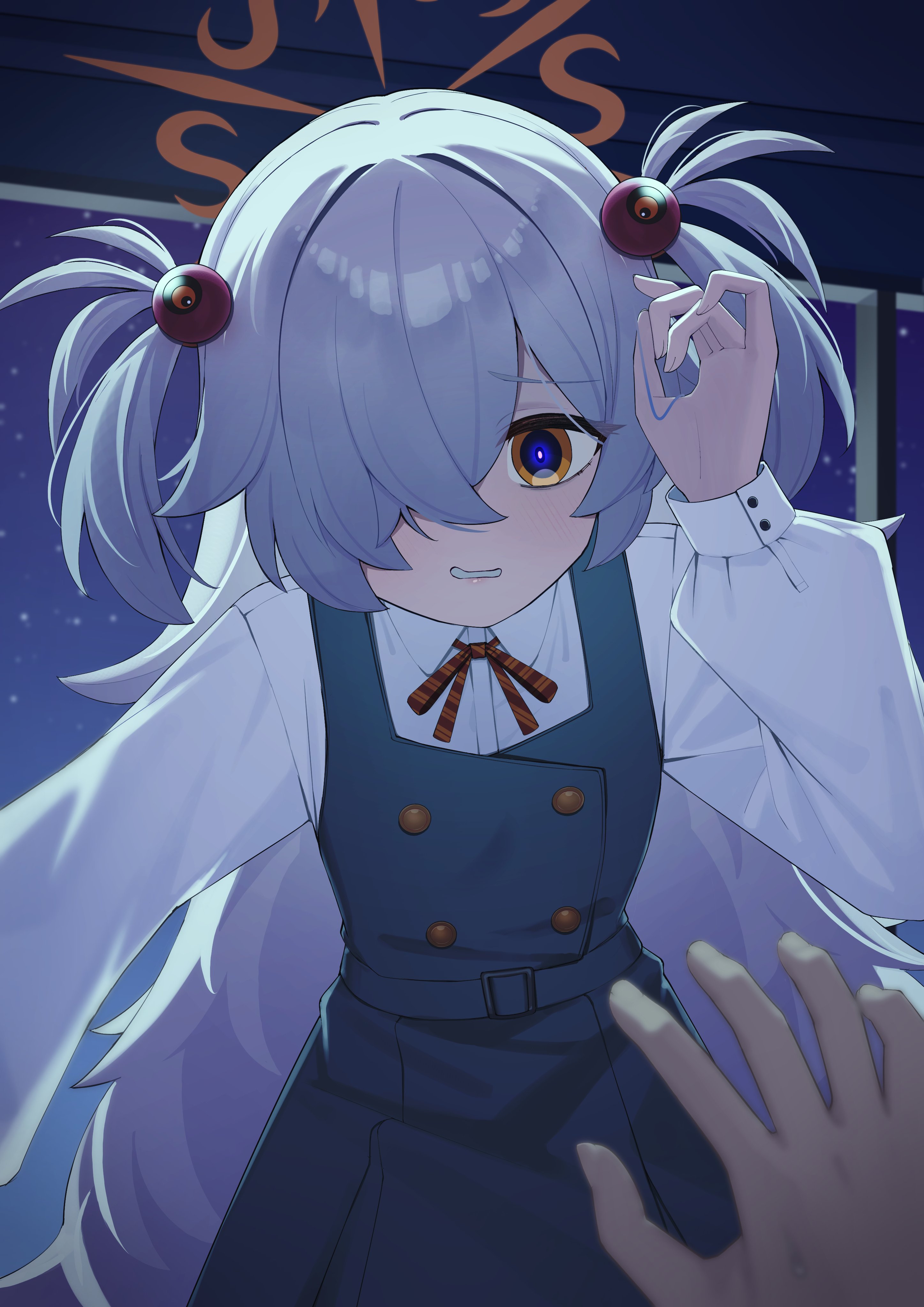 fukujin, kanoe (blue archive), sensei (blue archive), blue archive, absurdres, commentary, highres, 1boy, 1girl, belt, blue dress, brown halo, brown ribbon, buttons, collared shirt, diagonal-striped ribbon, dress, glowing, glowing eyes, grey hair, grin, hair ornament, hair over one eye, halo, hand in own hair, long hair, messy hair, night, night sky, pinafore dress, pov, ribbon, shirt, sky, sleeveless, sleeveless dress, smile, two side up, very long hair, white shirt, window, yellow eyes