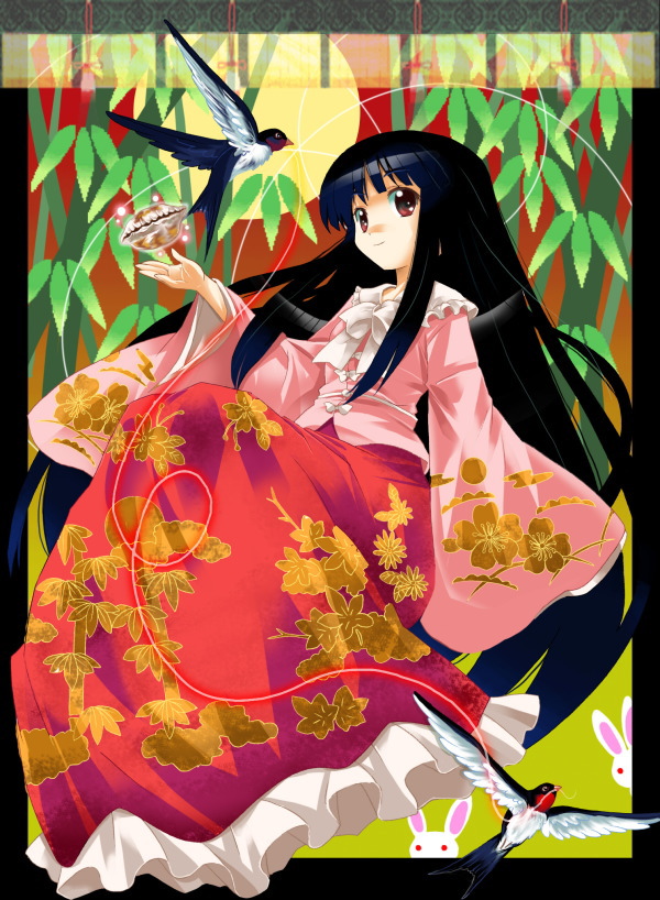 michii yuuki, houraisan kaguya, touhou, 1girl, bird, black hair, female focus, japanese clothes, long hair, plant, sky, solo